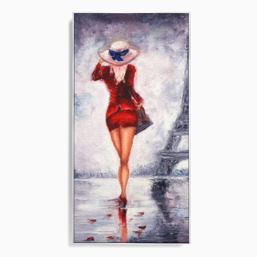 Tablou canvas cu pictura cu femeie in rochie rosie, in rama de aluminiu argintiu